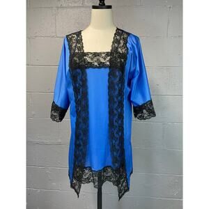 Vintage Sheer Blue Nylon Peignoir Set Black Lace Nightgown Robe Babydoll Lace B5